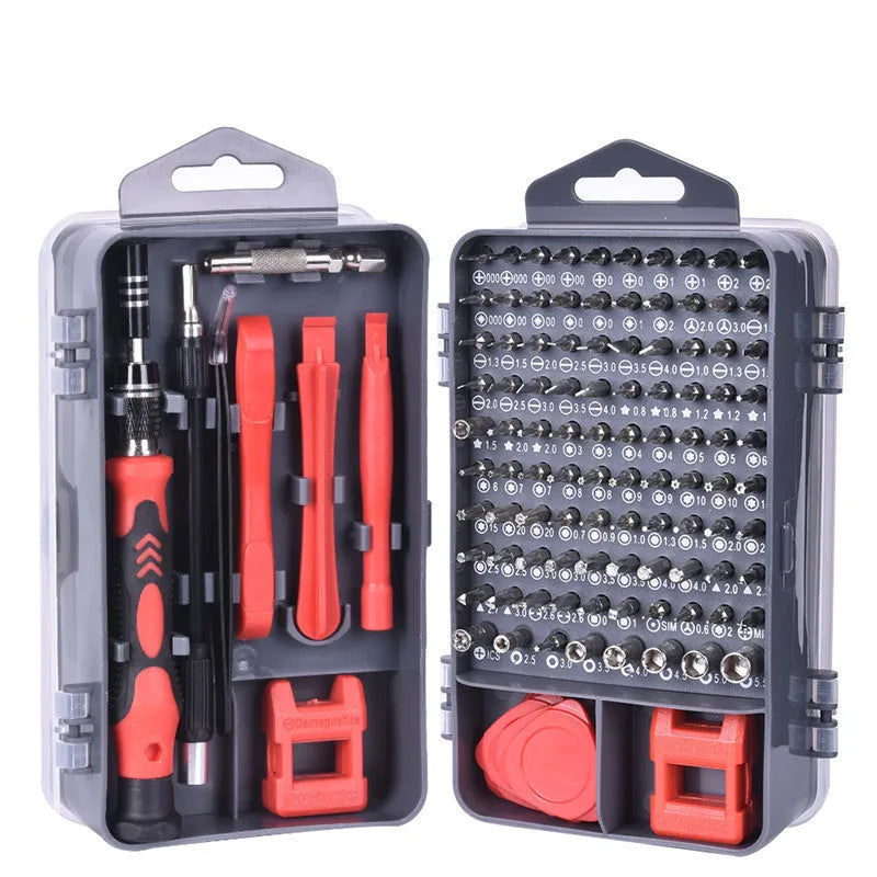 117 in 1 electronics screwdriver set with magnetic bits and flexible extension in a black storage case.