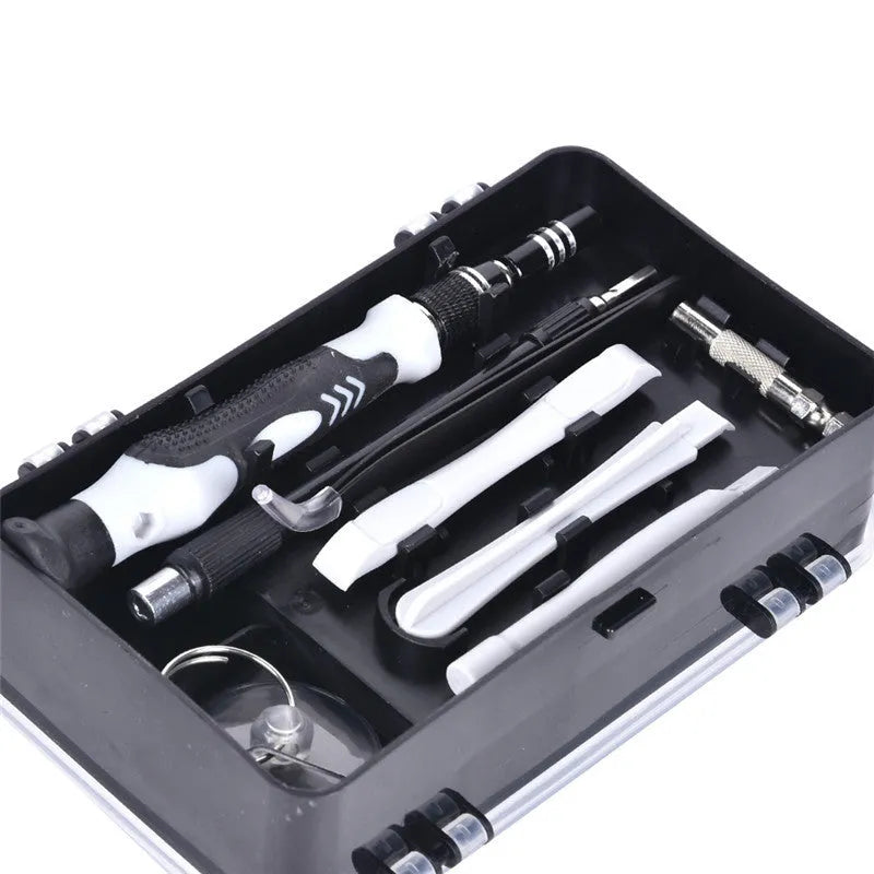 117 in 1 electronics screwdriver set with magnetic bits and flexible extension in a black storage case.