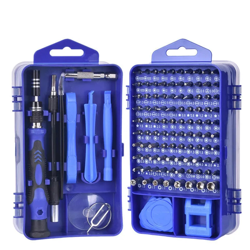 117 in 1 electronics screwdriver set with magnetic bits and flexible extension in a black storage case.