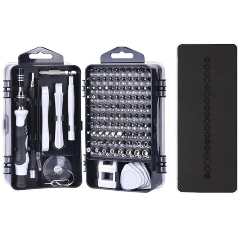 117 in 1 electronics screwdriver set with magnetic bits and flexible extension in a black storage case.