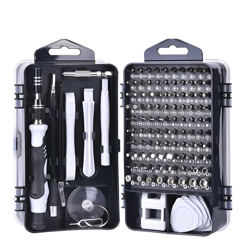117 in 1 electronics screwdriver set with magnetic bits and flexible extension in a black storage case.