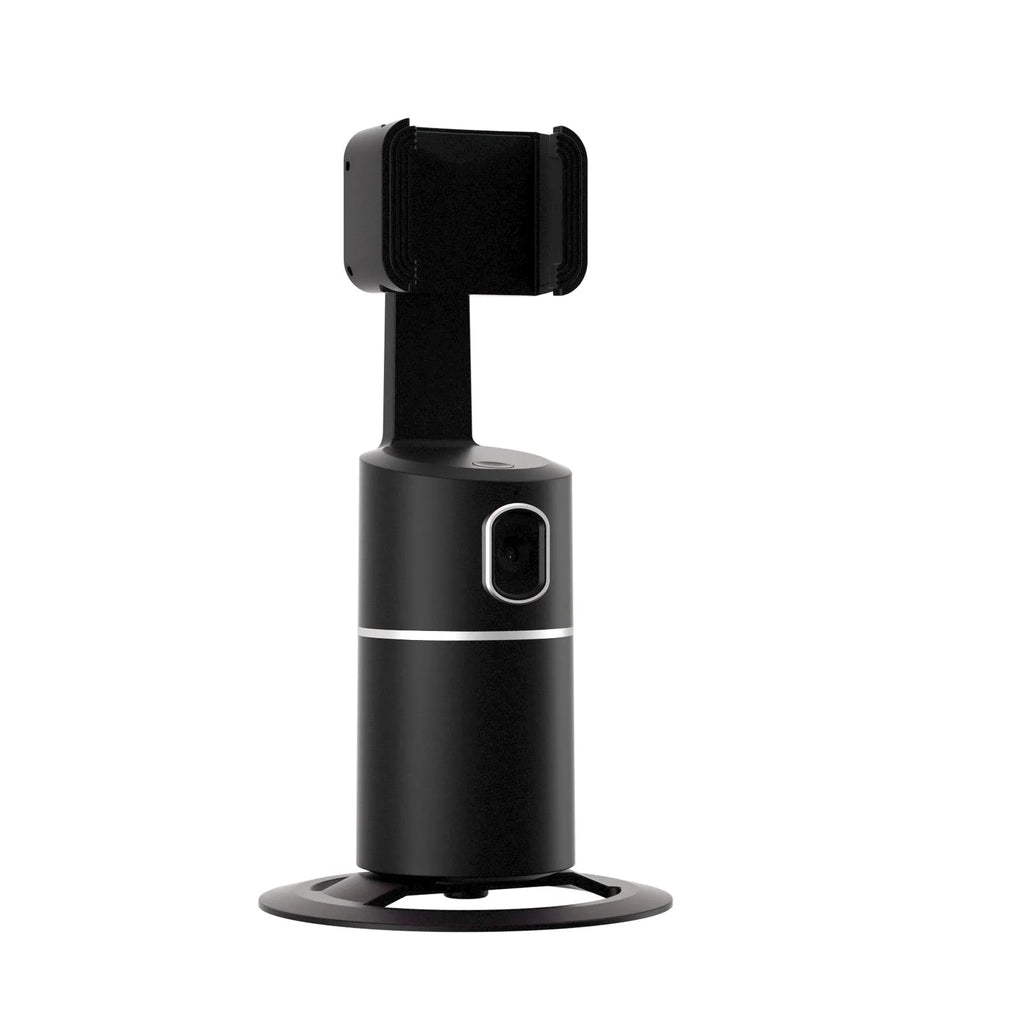 Black smartphone gimbal stabiliser showing 360-degree rotation on a table