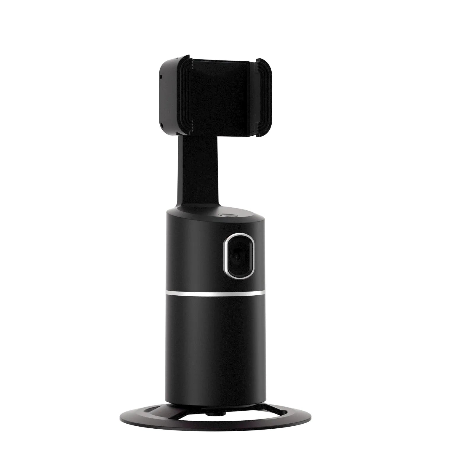 Black smartphone gimbal stabiliser showing 360-degree rotation on a table