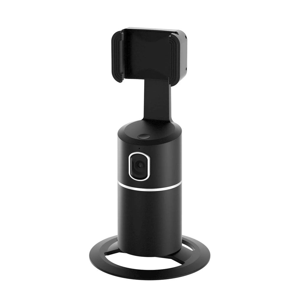 Black smartphone gimbal stabiliser showing 360-degree rotation on a table