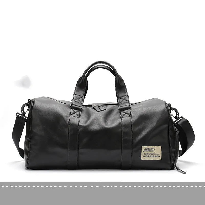 Black large capacity PU leather sports training bag with a single strap and multiple internal compartments.