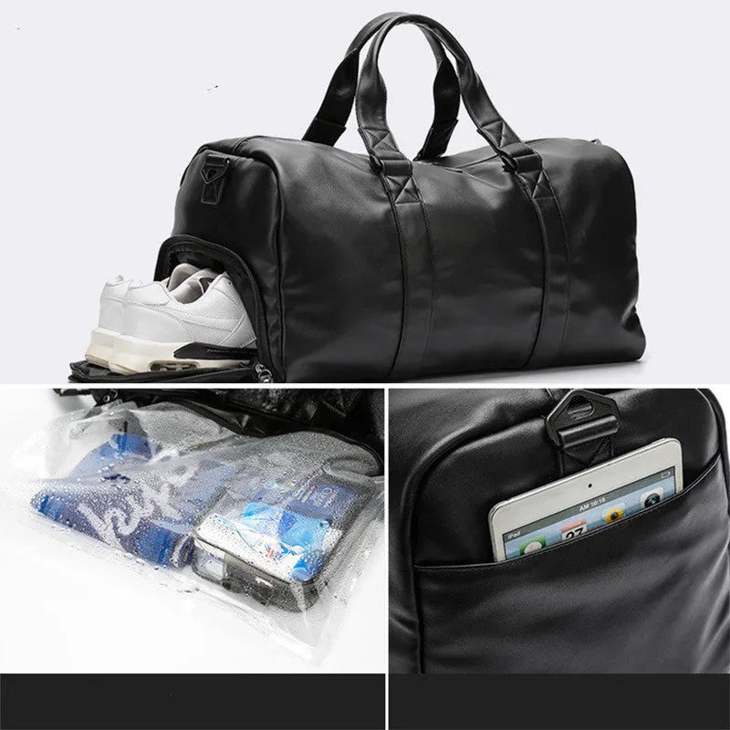 Black large capacity PU leather sports training bag with a single strap and multiple internal compartments.