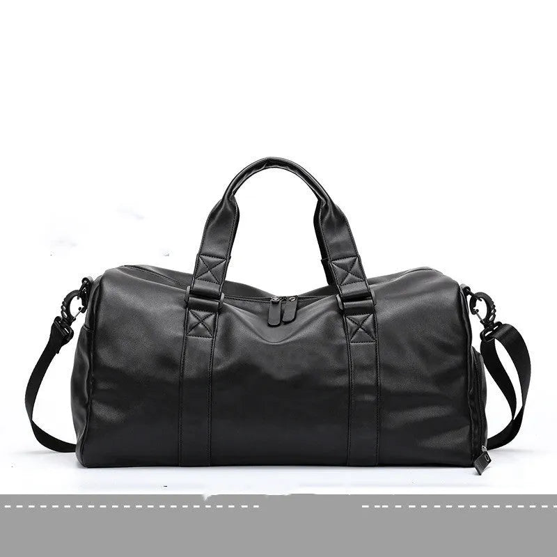 Black large capacity PU leather sports training bag with a single strap and multiple internal compartments.