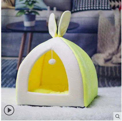 Grey fabric cat house with plush interior shown in medium size