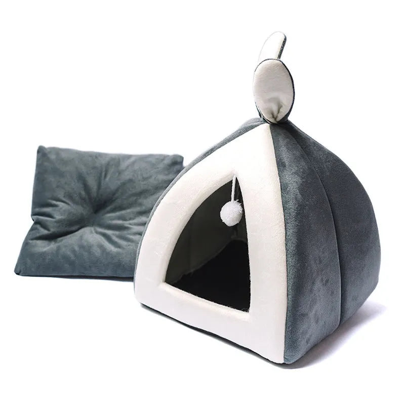 Grey fabric cat house with plush interior shown in medium size