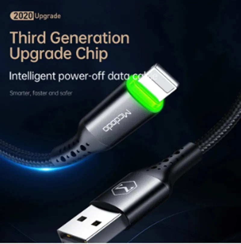 Black MFi-certified Lightning to USB cable for iPhone with dual-colour LED status light
