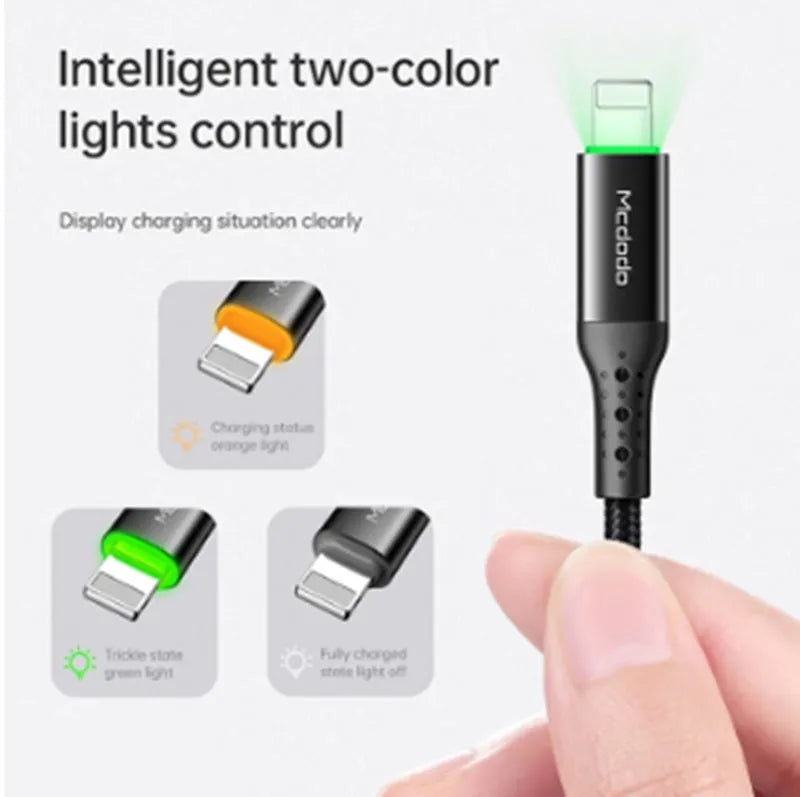 Black MFi-certified Lightning to USB cable for iPhone with dual-colour LED status light