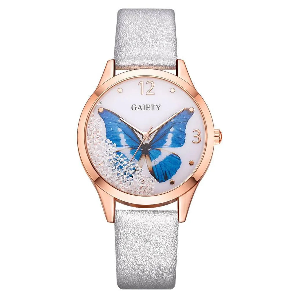Gaiety ladies watch with removable rhinestone butterfly decoration on round 39mm dial with leather strap