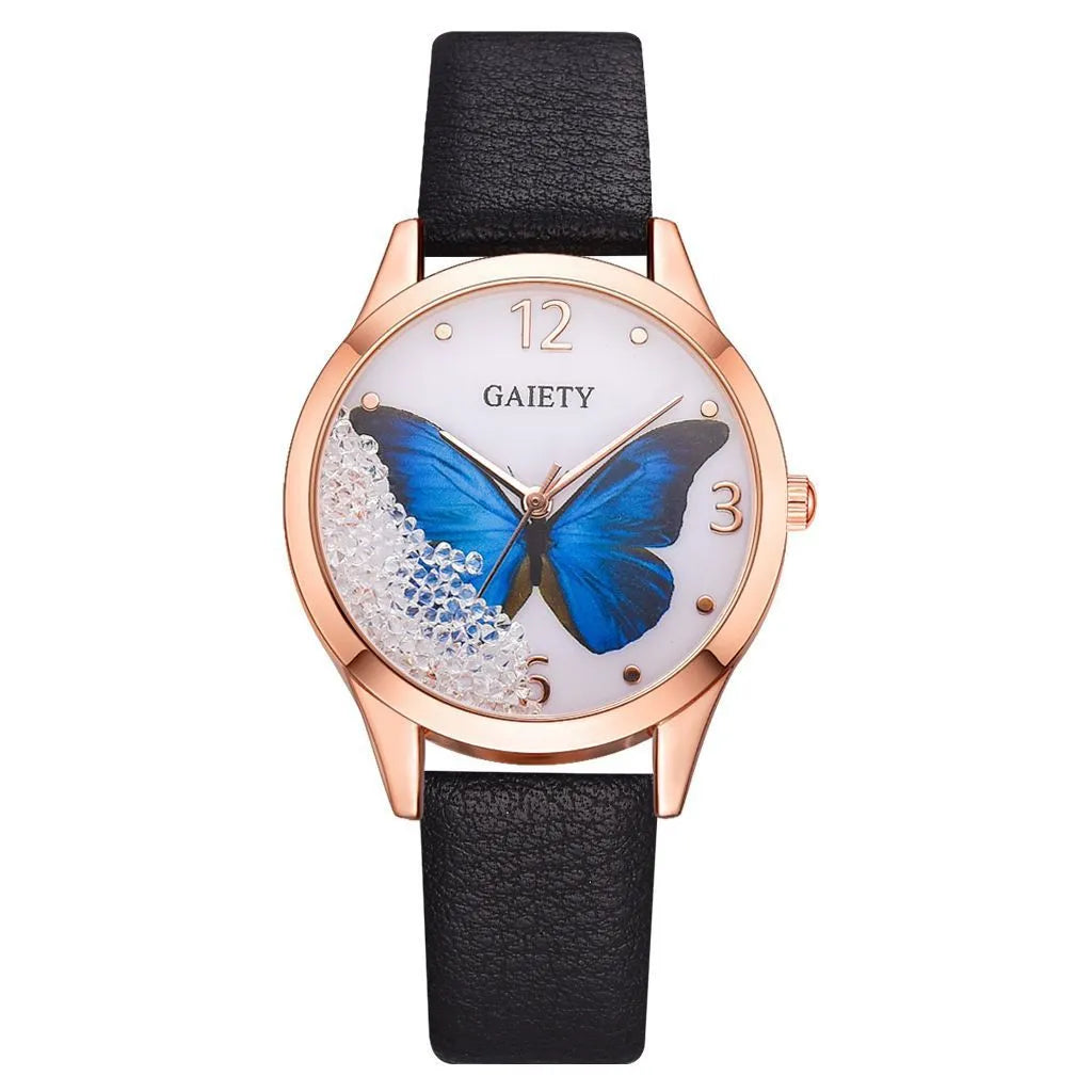 Gaiety ladies watch with removable rhinestone butterfly decoration on round 39mm dial with leather strap