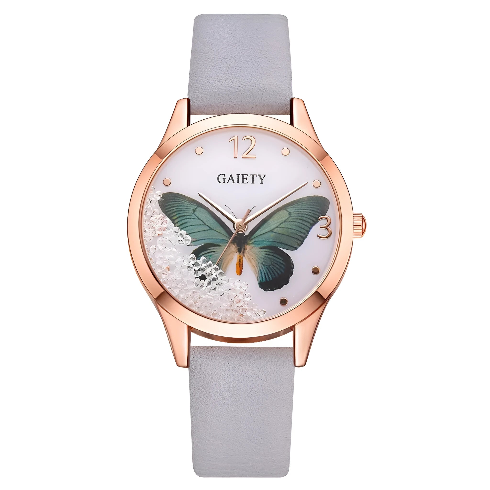 Gaiety ladies watch with removable rhinestone butterfly decoration on round 39mm dial with leather strap