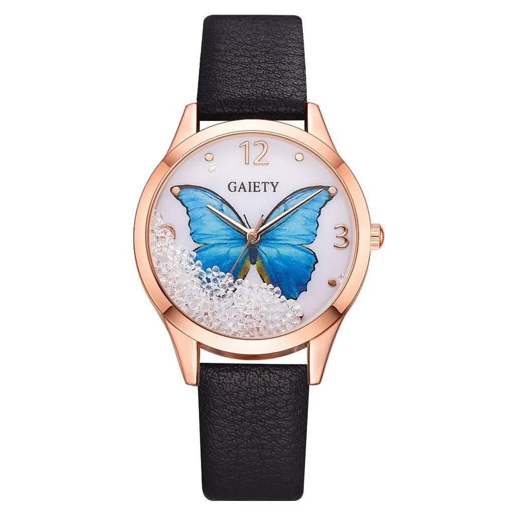 Gaiety ladies watch with removable rhinestone butterfly decoration on round 39mm dial with leather strap