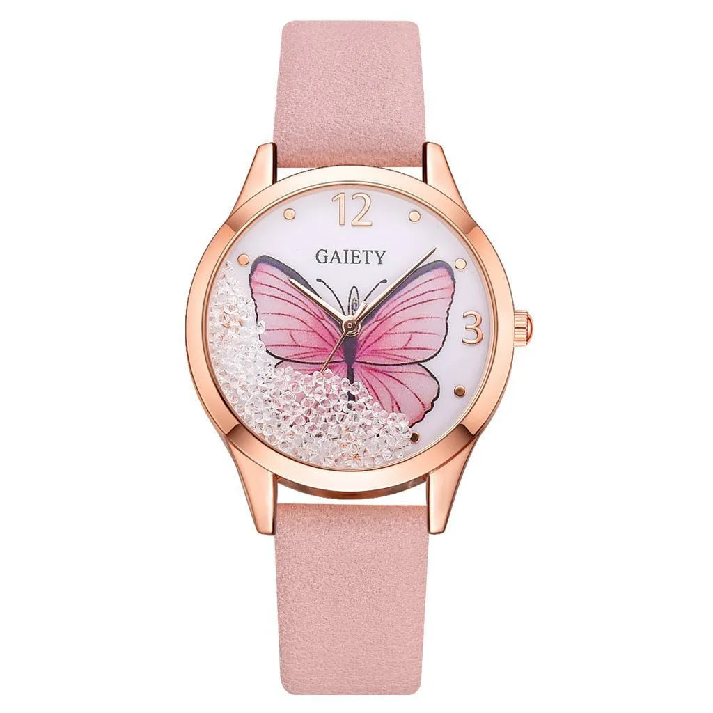 Gaiety ladies watch with removable rhinestone butterfly decoration on round 39mm dial with leather strap