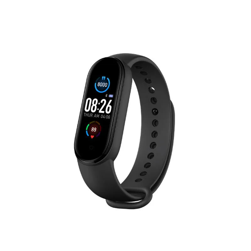 M5 smart bracelet showing heart rate monitoring on 0.96-inch screen with black wrist strap