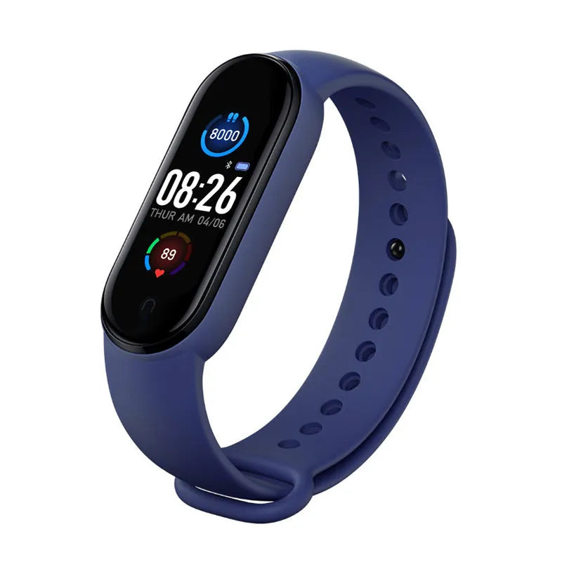 M5 smart bracelet showing heart rate monitoring on 0.96-inch screen with black wrist strap