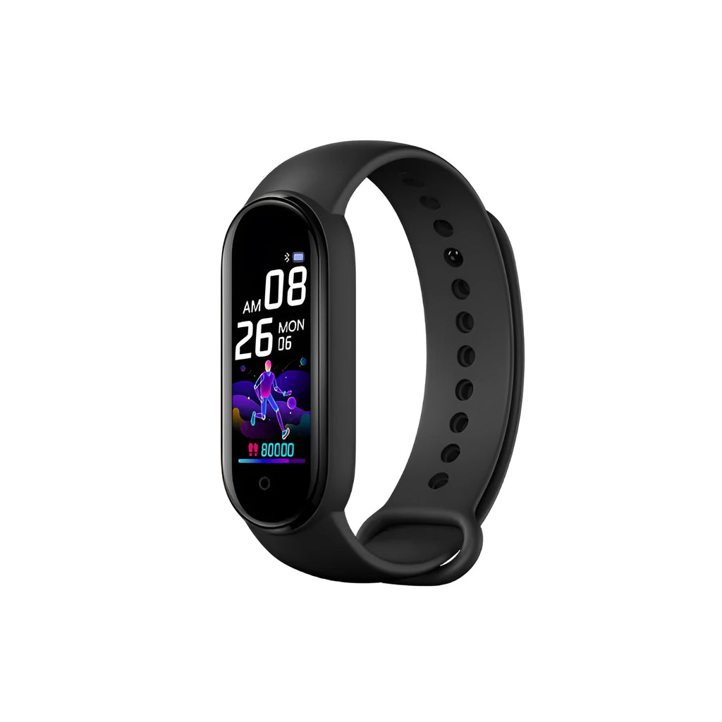 M5 smart bracelet showing heart rate monitoring on 0.96-inch screen with black wrist strap