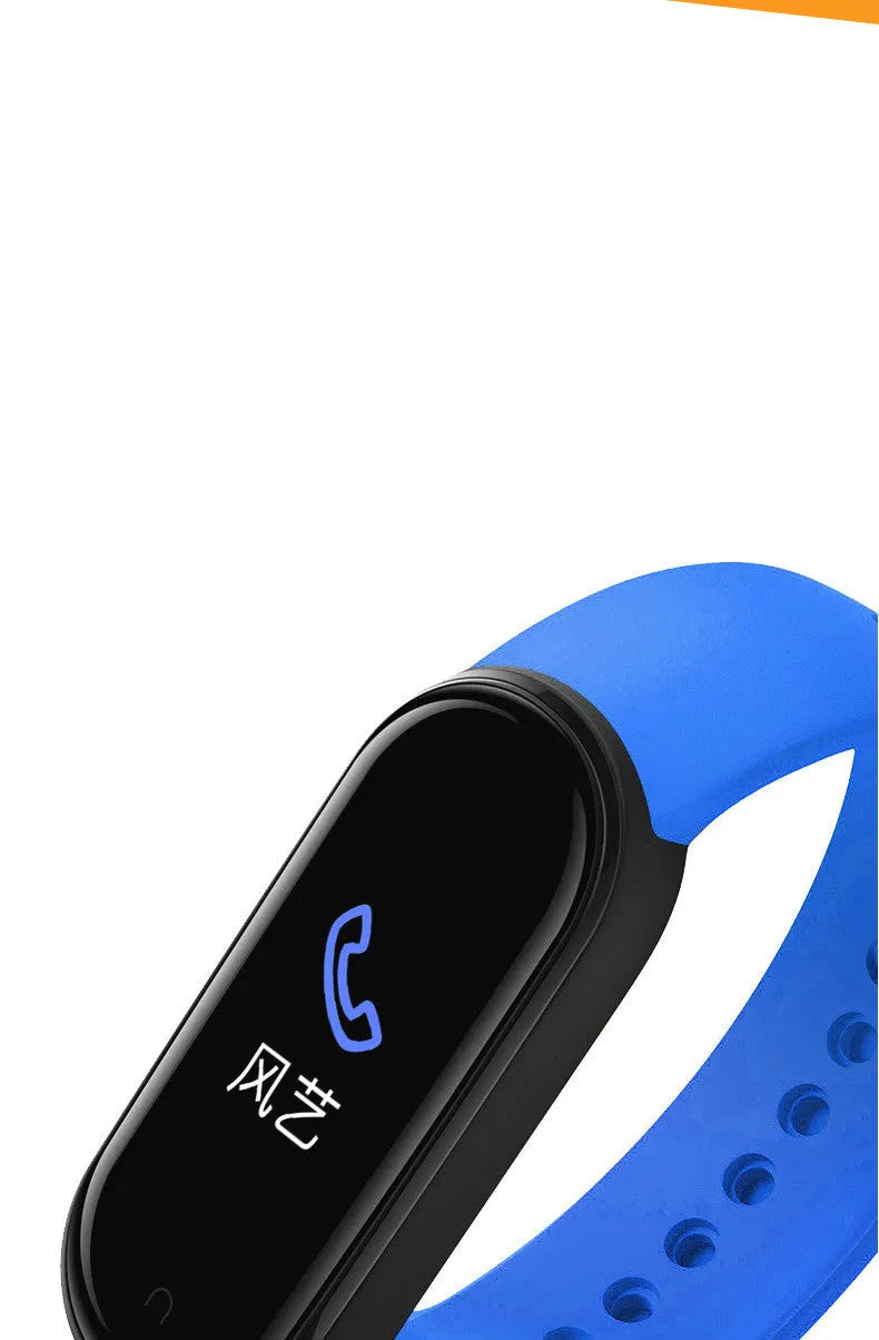 M5 smart bracelet showing heart rate monitoring on 0.96-inch screen with black wrist strap