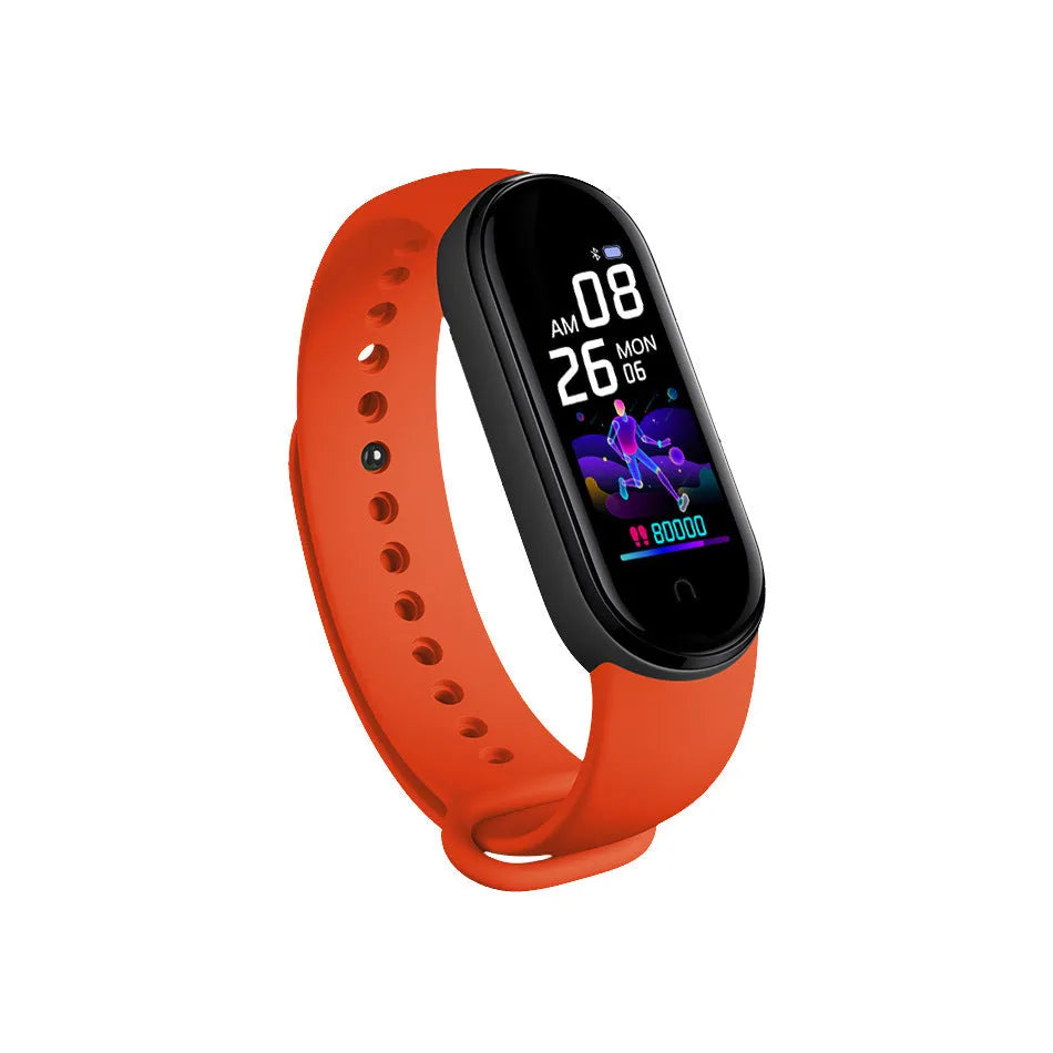 M5 smart bracelet showing heart rate monitoring on 0.96-inch screen with black wrist strap