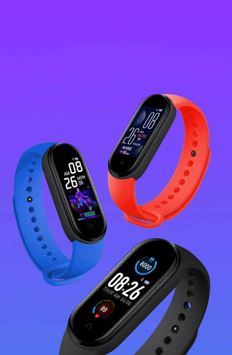M5 smart bracelet showing heart rate monitoring on 0.96-inch screen with black wrist strap
