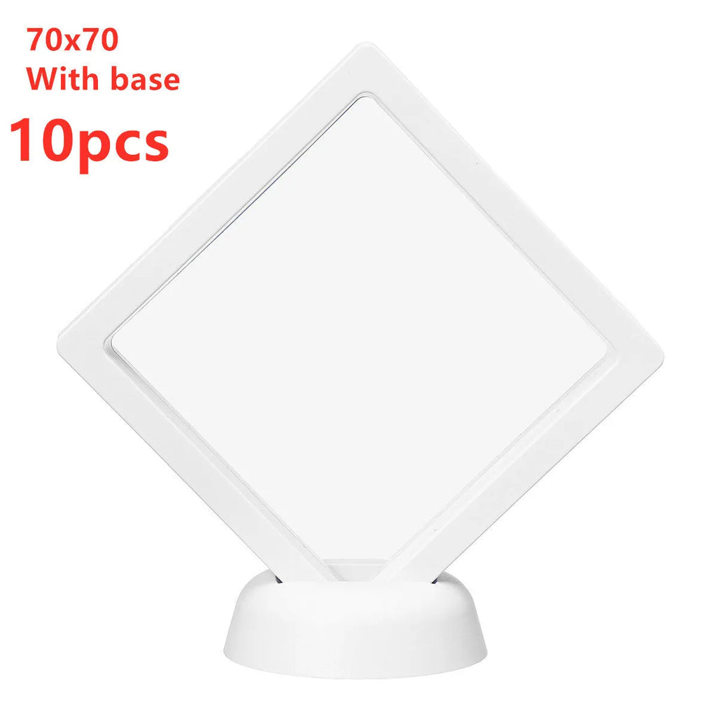 Black 3D floating display cabinet with ABS frame and transparent TPU film showing a medal inside