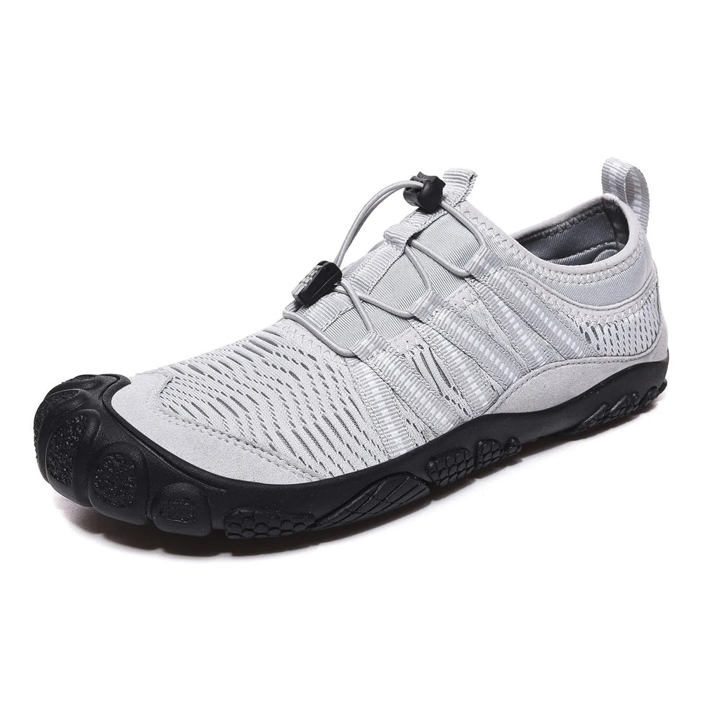 Black elastic band water shoes with mesh upper and rubber sole for outdoor swimming and river tracing.