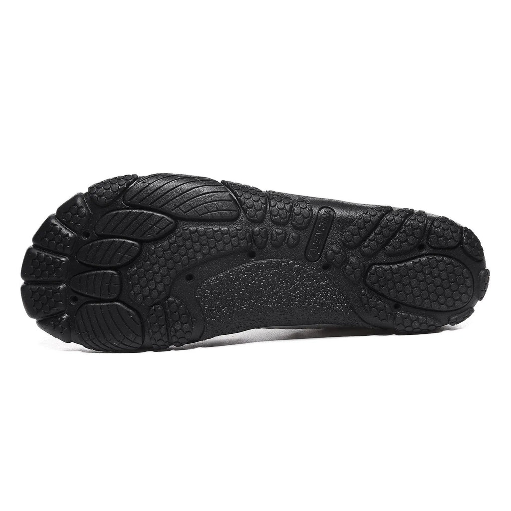 Black elastic band water shoes with mesh upper and rubber sole for outdoor swimming and river tracing.