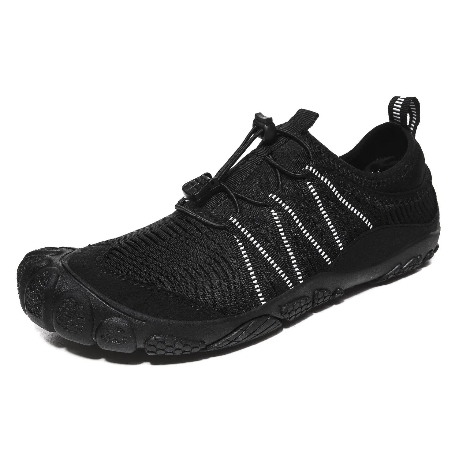 Black elastic band water shoes with mesh upper and rubber sole for outdoor swimming and river tracing.