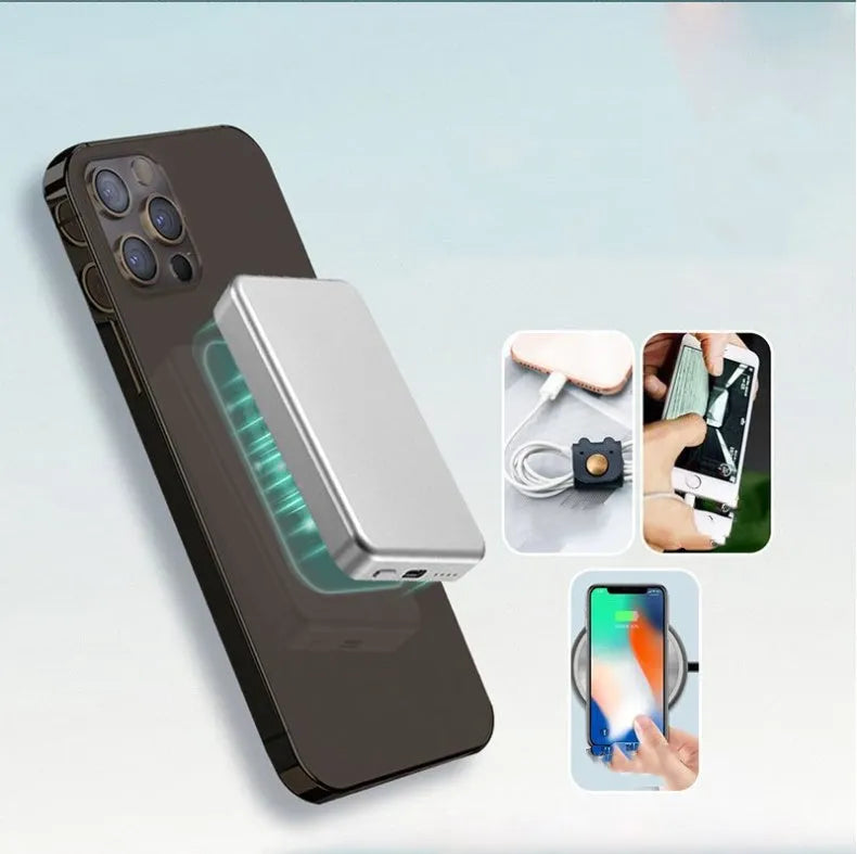 Silver aluminium Apple wireless magnetic charging power bank with 5000mAh capacity