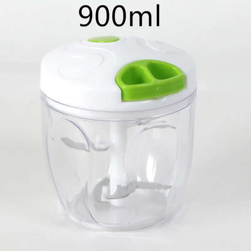 Manual kitchen chopper with green ABS container and stainless steel blades for herb and vegetable preparation