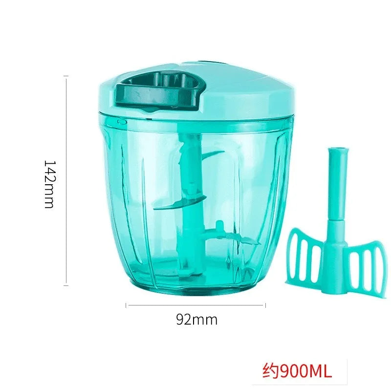 Manual kitchen chopper with green ABS container and stainless steel blades for herb and vegetable preparation
