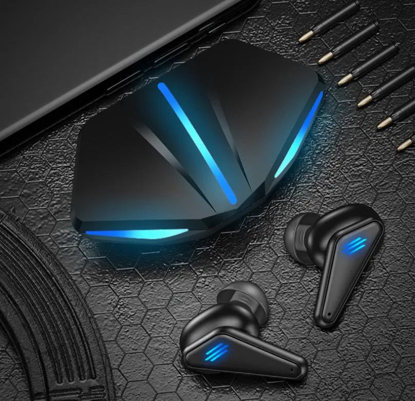 Blue K55 wireless Bluetooth gaming headset with earplug design and TWS Bluetooth 5.0 technology