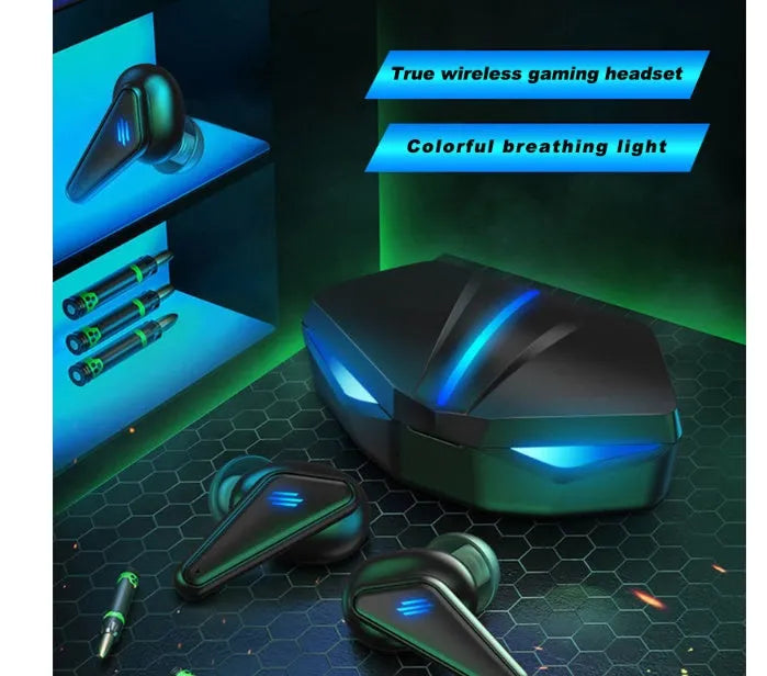 Blue K55 wireless Bluetooth gaming headset with earplug design and TWS Bluetooth 5.0 technology