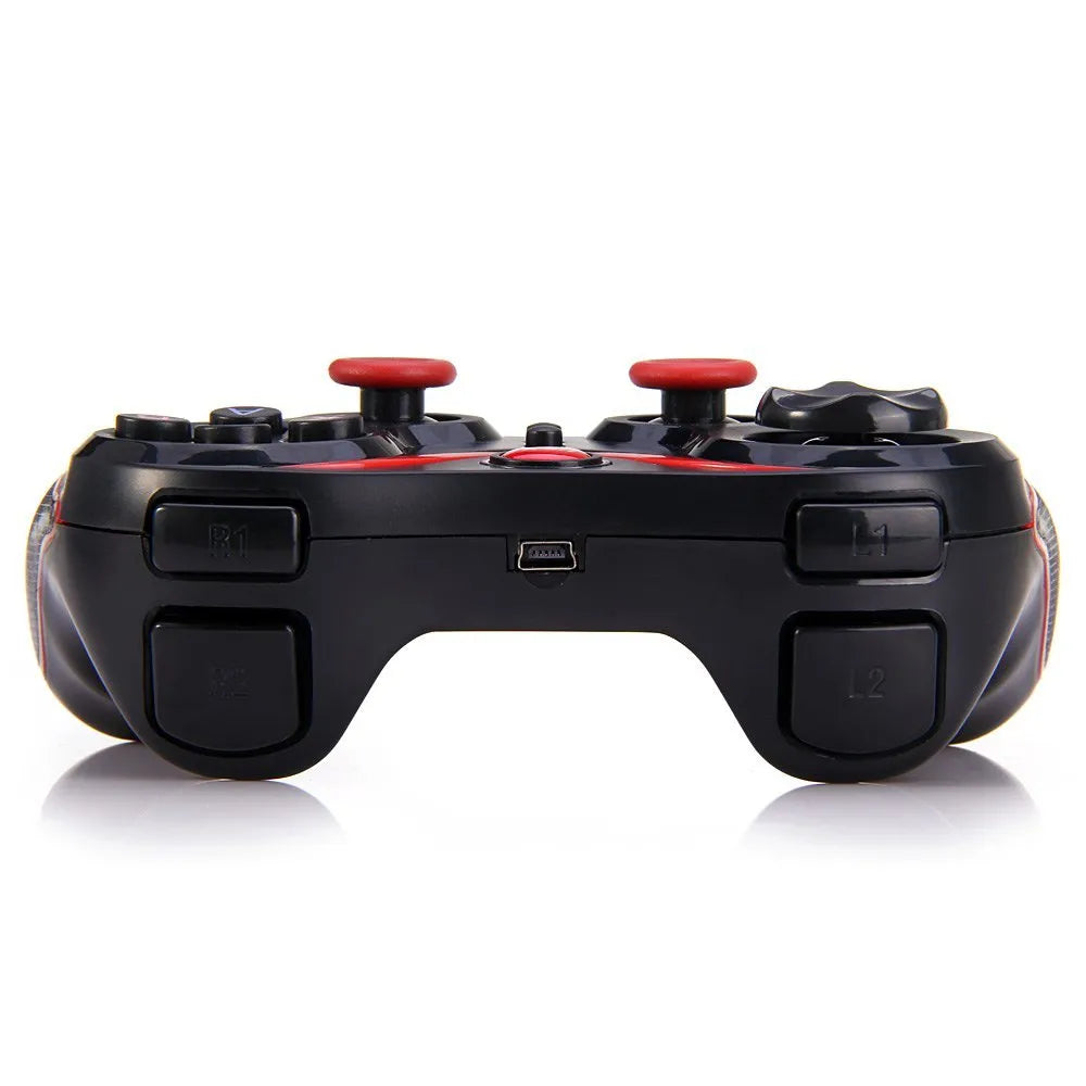 Black wireless Bluetooth gamepad mobile controller with charging cable for Android and iOS devices