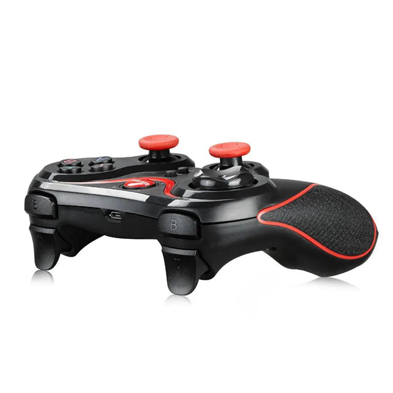 Black wireless Bluetooth gamepad mobile controller with charging cable for Android and iOS devices