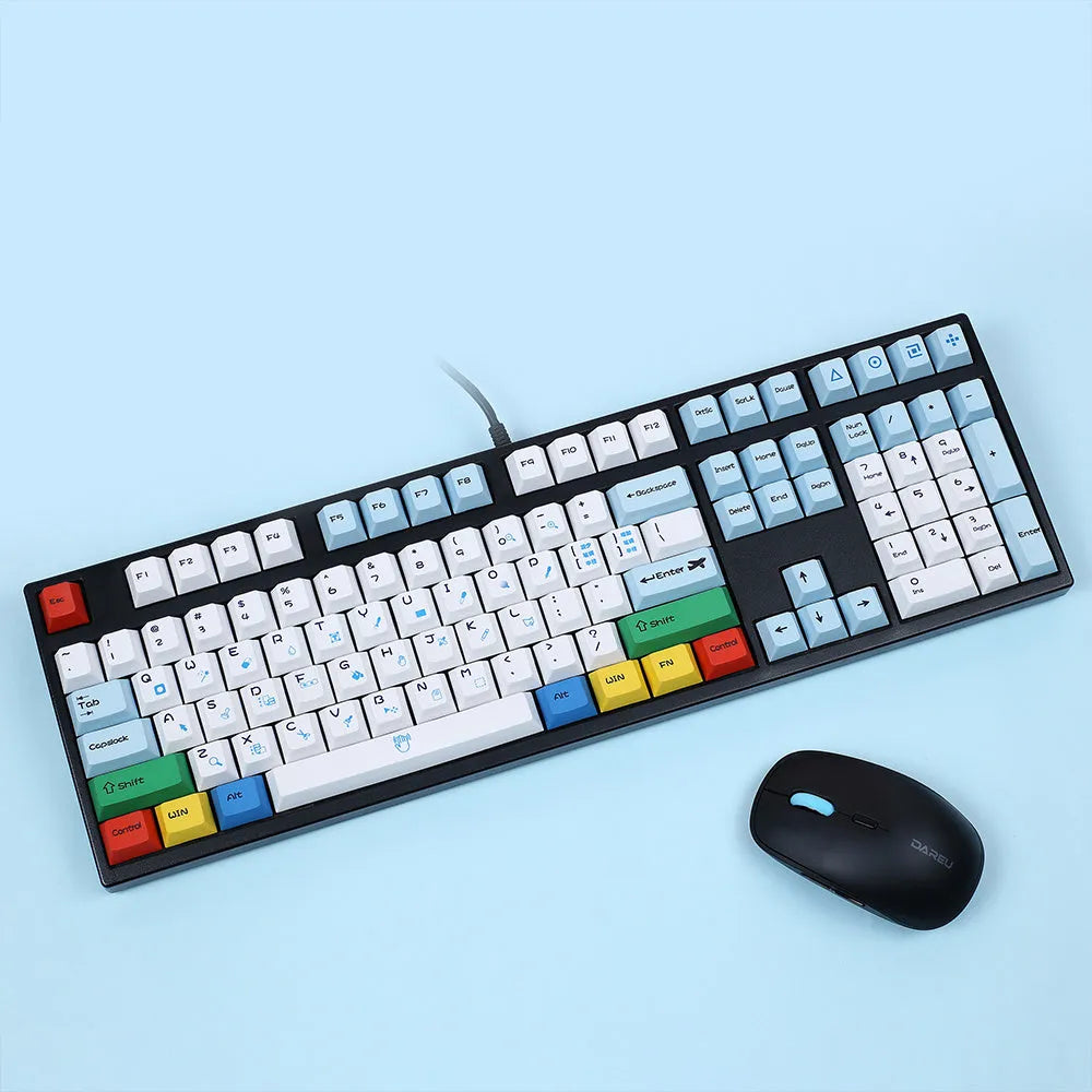 PS theme DIY keycaps in blue and white sublimation design arranged next to grey and white variant