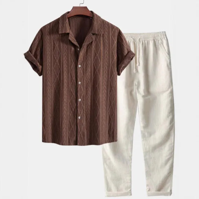 Camouflage print casual suit with short sleeve shirt and trousers in slim fit