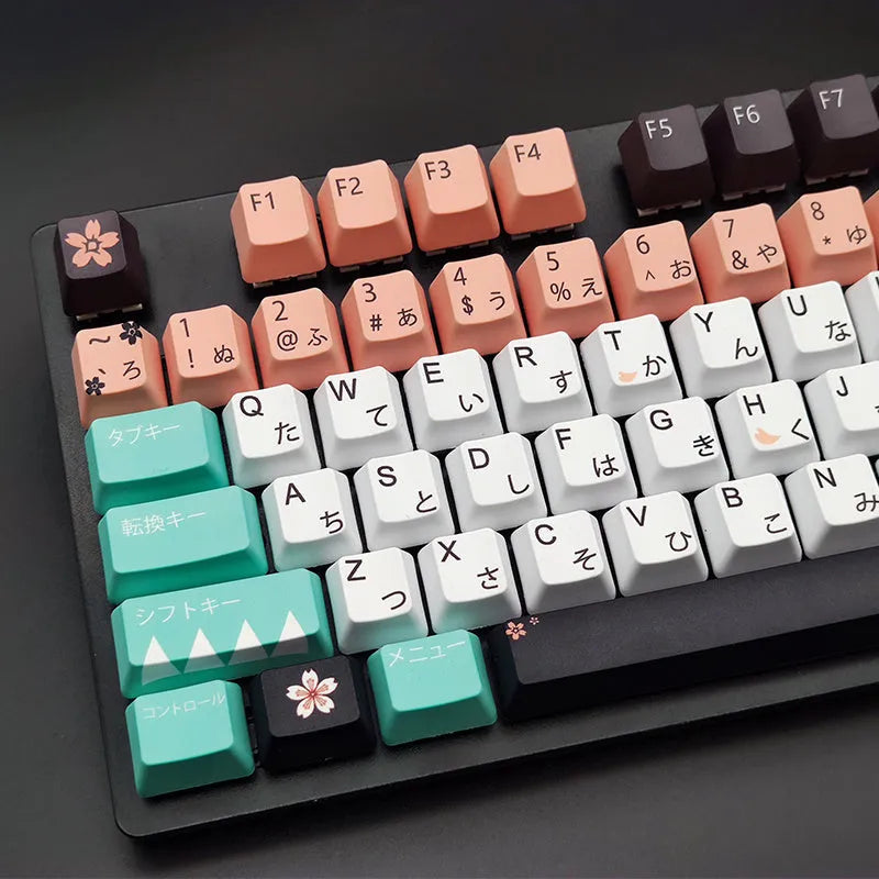 Green Cherry profile mechanical keyboard keycaps with animation detailing on white background
