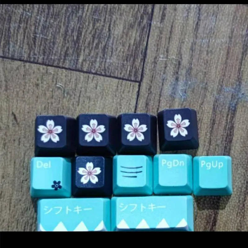 Green Cherry profile mechanical keyboard keycaps with animation detailing on white background