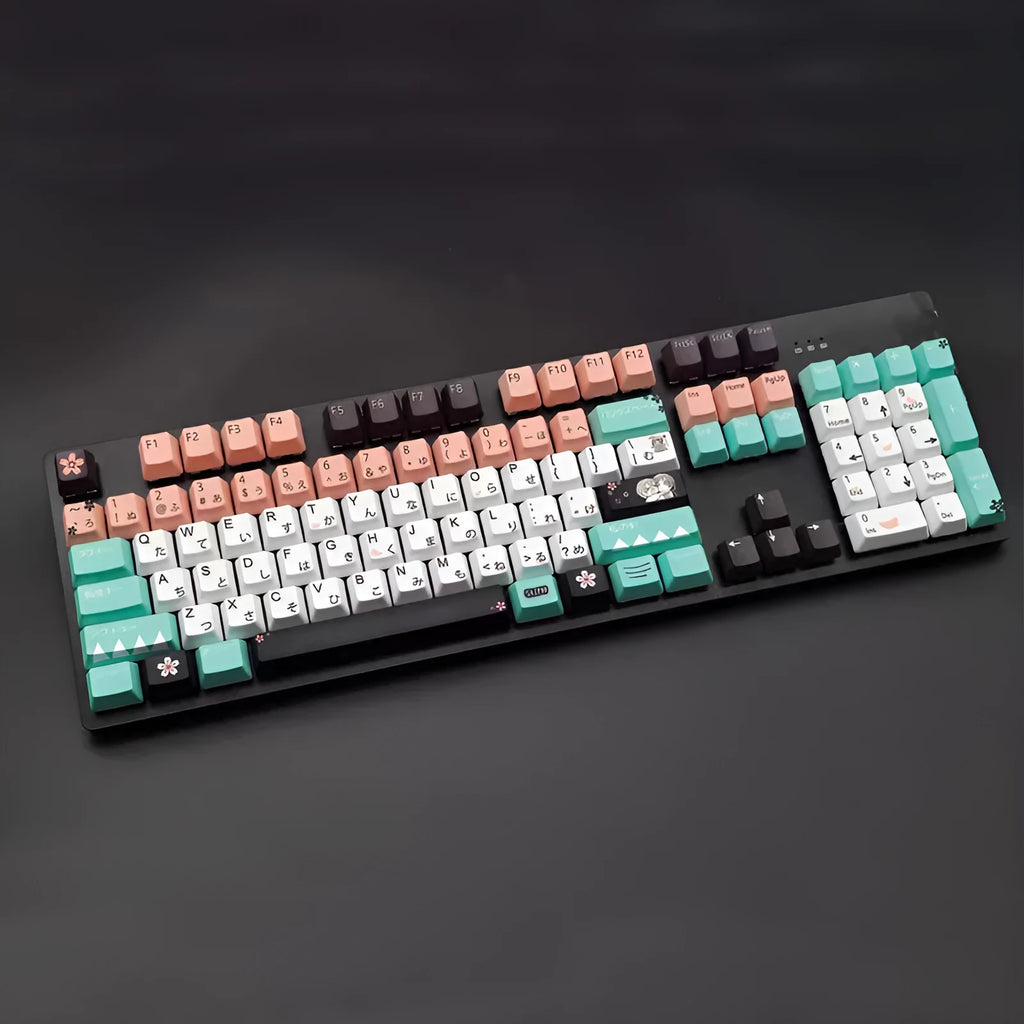 Green Cherry profile mechanical keyboard keycaps with animation detailing on white background