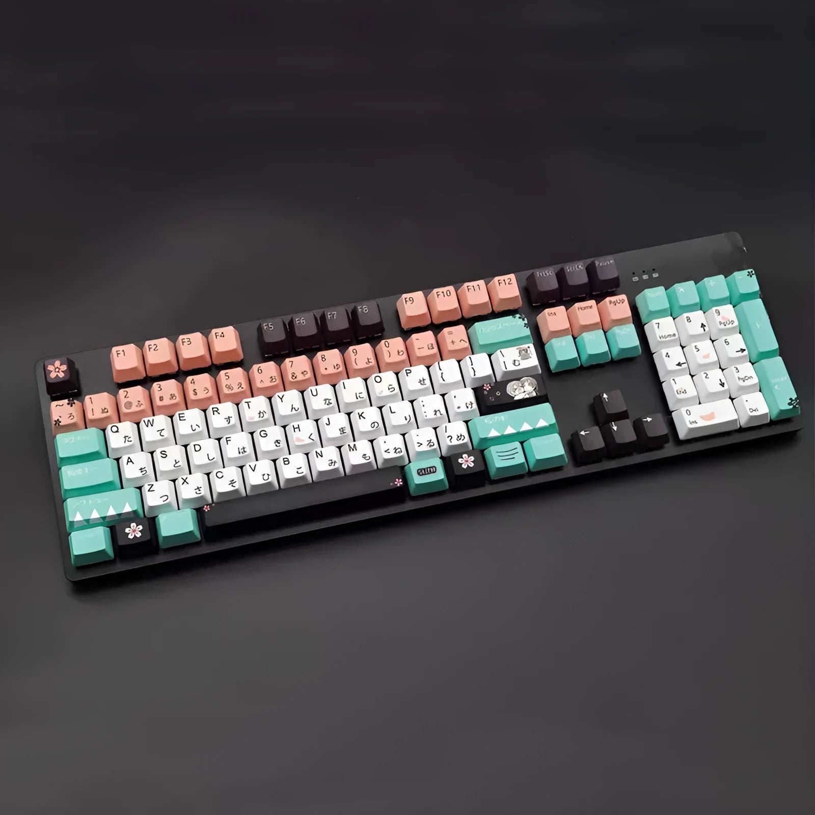 Green Cherry profile mechanical keyboard keycaps with animation detailing on white background
