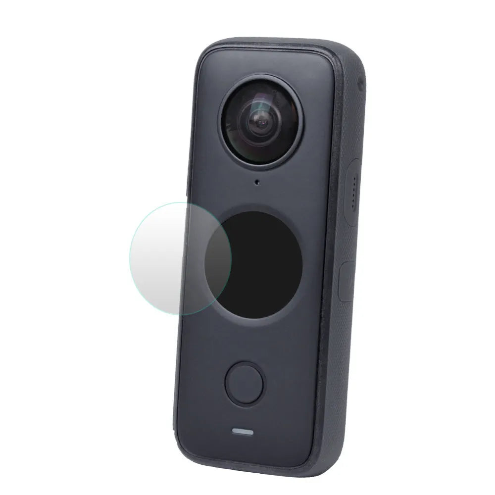 Insta360 ONE X2 tempered glass screen protector in black packaging with application wipe.
