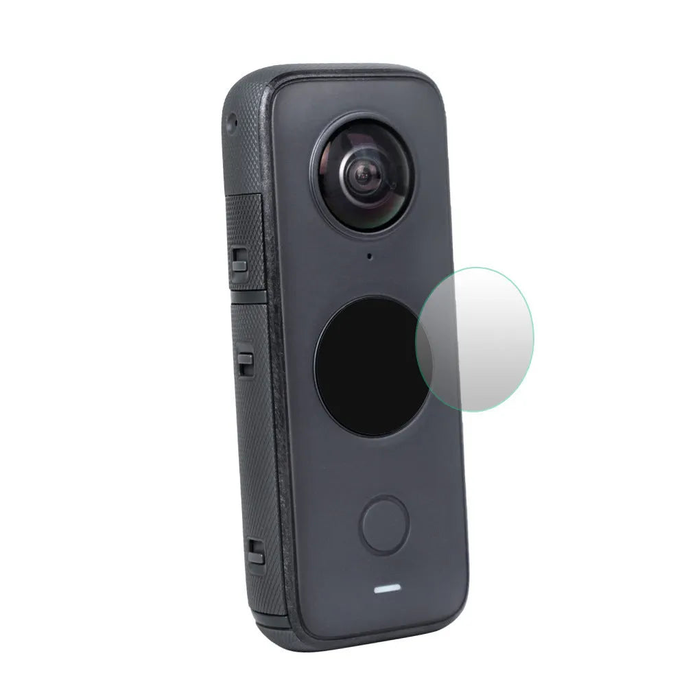 Insta360 ONE X2 tempered glass screen protector in black packaging with application wipe.