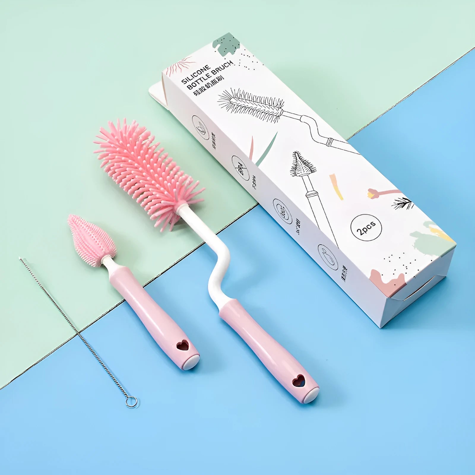 Silicone baby bottle cleaning brush set with straw scrubber in blue pink yellow colours