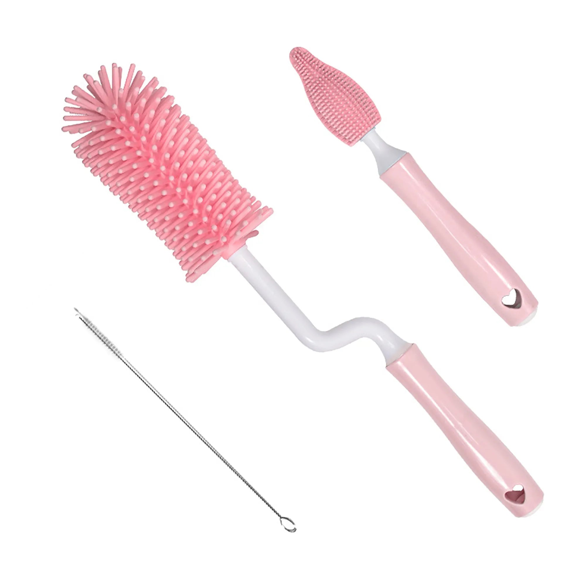 Silicone baby bottle cleaning brush set with straw scrubber in blue pink yellow colours