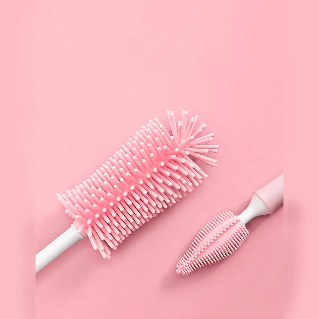 Silicone baby bottle cleaning brush set with straw scrubber in blue pink yellow colours
