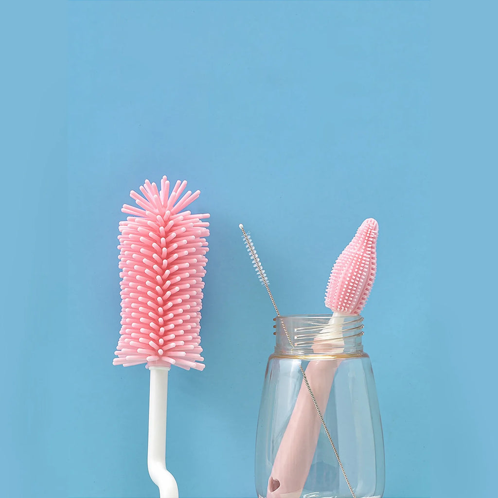 Silicone baby bottle cleaning brush set with straw scrubber in blue pink yellow colours