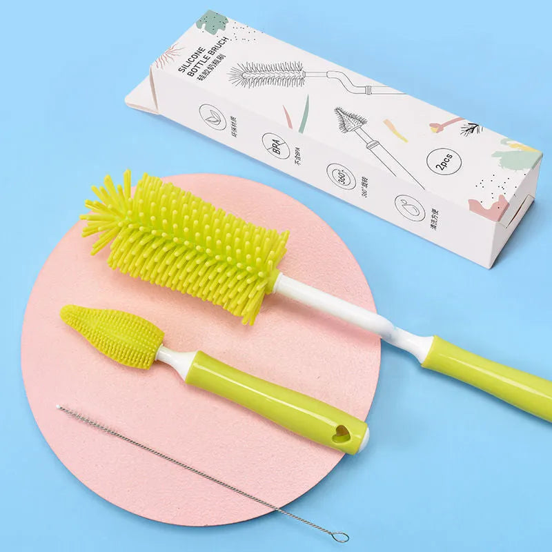 Silicone baby bottle cleaning brush set with straw scrubber in blue pink yellow colours